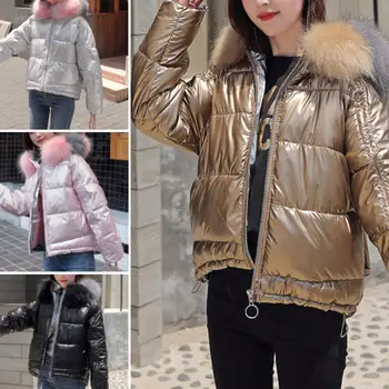 

Newest Women Ladies Solid Color Cotton Padded Coat Faux Fur Collar Short Down Jacket