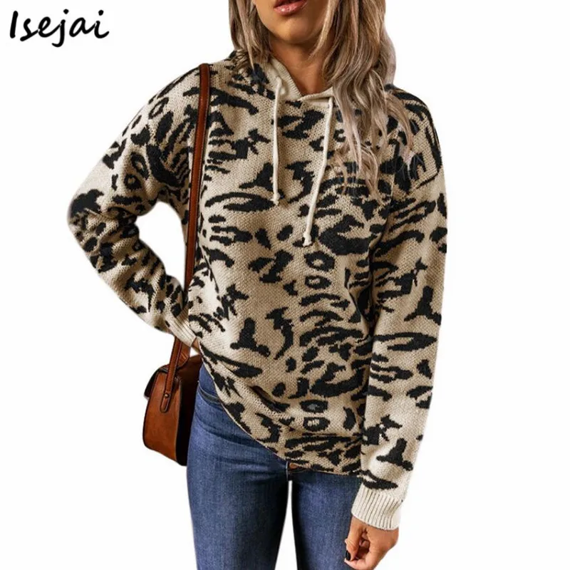 Leopard Knitting Hooded Sweater Women's Long Sleeve Thick Pullover