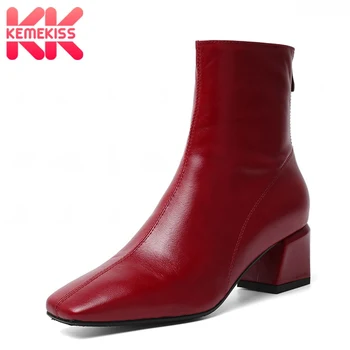 

KemeKiss Real Leather Women Ankle Boots Fashion Square Toe Thick Heel Women Shoes Fashion Zipper Party Casual Zapatos Size 34-40