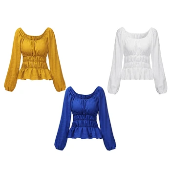

Women Lantern Long Sleeve Pleated Blouse Sexy Square Neck Shirred Smocked Ruffles Solid Color Slim Fit Shirts