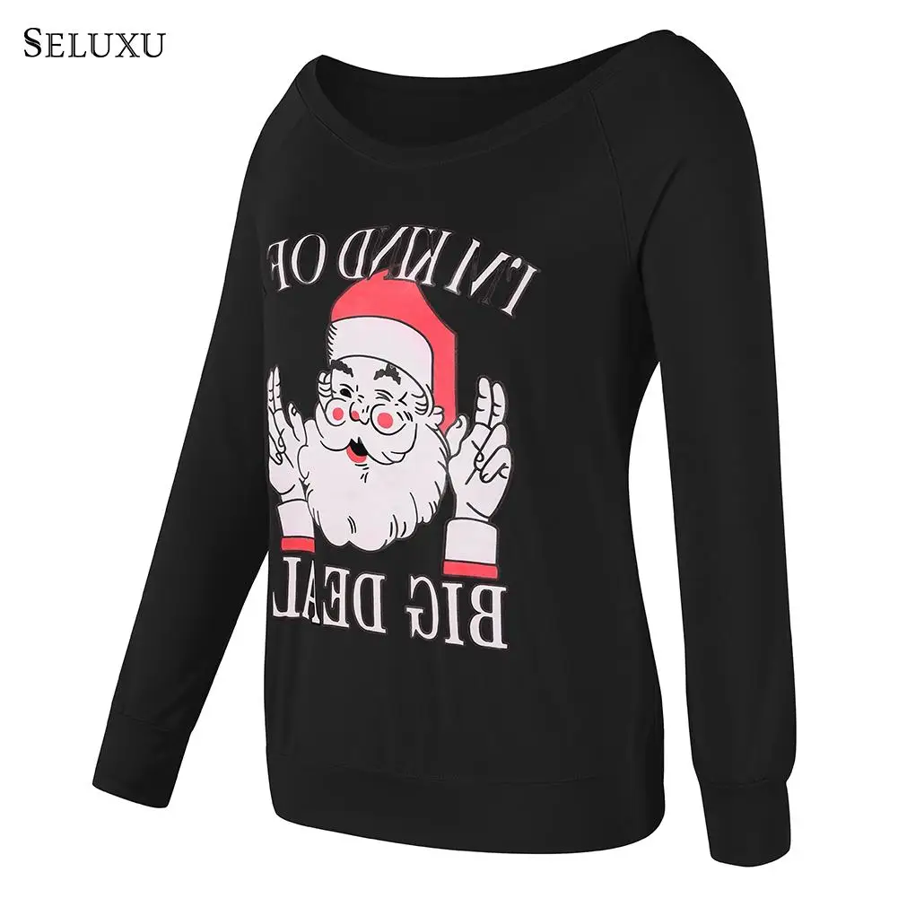 Seluxu осень-зима футболка с длинным рукавом t-рубашка кофта Санта Клаус футболка с принтом Повседневная Рождественская одежда футболки в рождественском стиле Для женщин топы