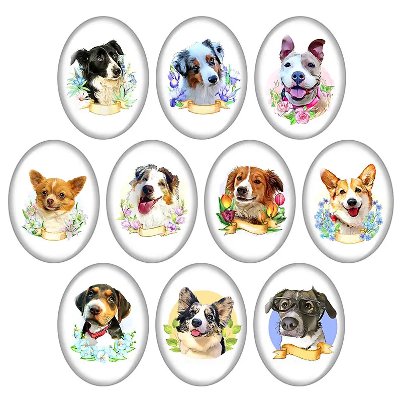 

New Dog Love Pet Flower dogs Oval 10pcs 13x18mm/18x25mm/30x40mm mixed photo glass cabochon demo flat back Jewelry findings