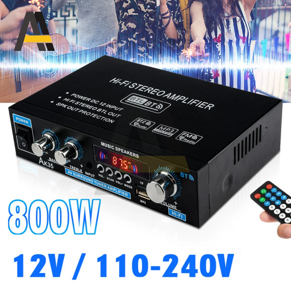 AK35 800W Home Car Amplifiers 2 Channel bluetooth-compatible 5.0 Surround Sound FM USB Remote Control Mini HIFI Digital Amplifie |
