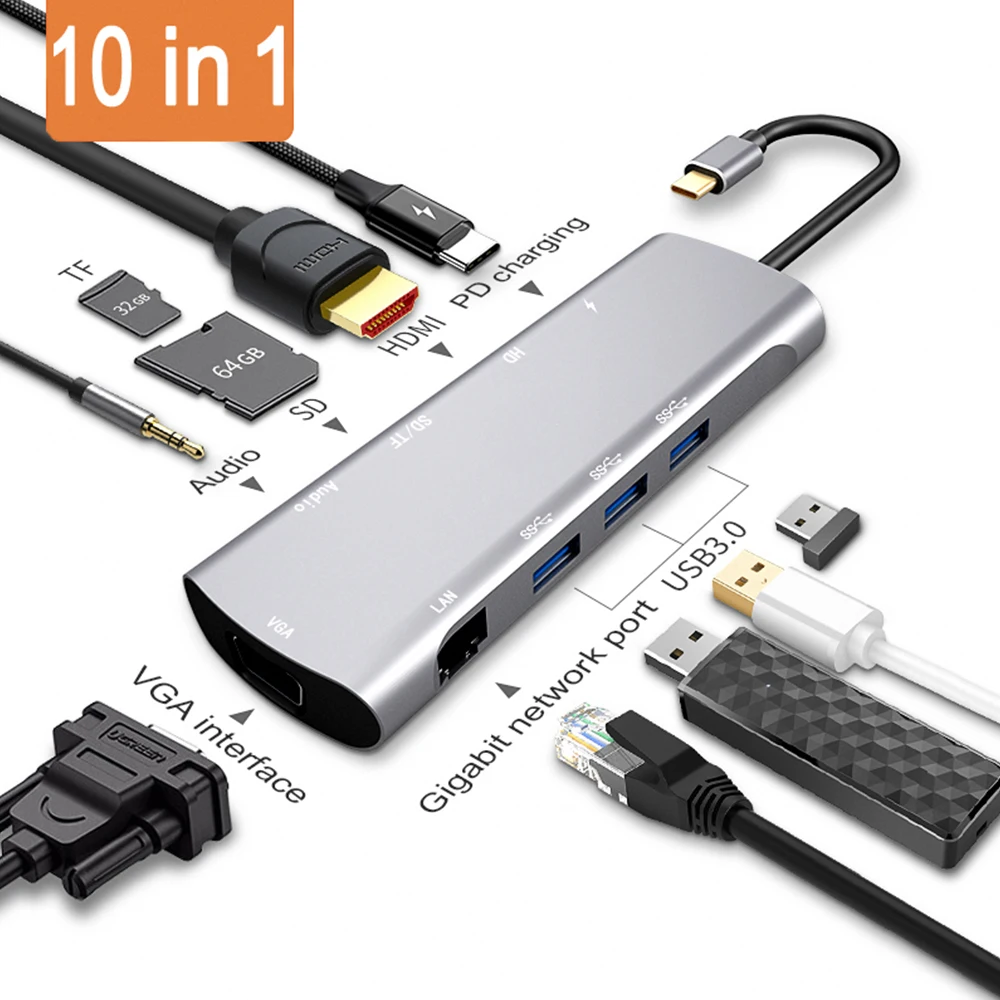 Набор контактов для тестирования 10 в 1 Тип C на HDMI VGA usb-хаб адаптер конвертер устройство для считывания с tf-карт для компьютера