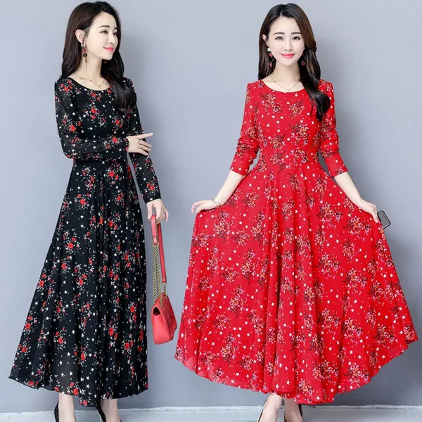 

2020 Spring Large Size Dress New Style Korean-style Floral Dress Women's Elegant Slimming Printed over-the-Knee Big Skirt Fashio