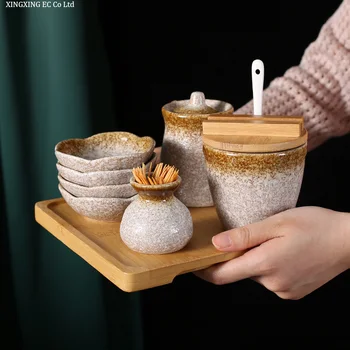 

Japanese Restaurant Ceramic Seasoning Pot Set Toothpick Holder Vinegar Dish Vinegar Pot Wooden Tray Kitchen Cereal Dispenser