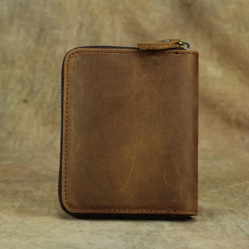Short Organizer Wallet Man With Zipper Around Genuine Leather Male Coin Purse Crazy Horse Leather Card Holder For Boys Vintage Short Organizer Wallet Man With Zipper Around Genuine Leather Male Coin Purse Crazy Horse Leather Card Holder For Boys Vintage
