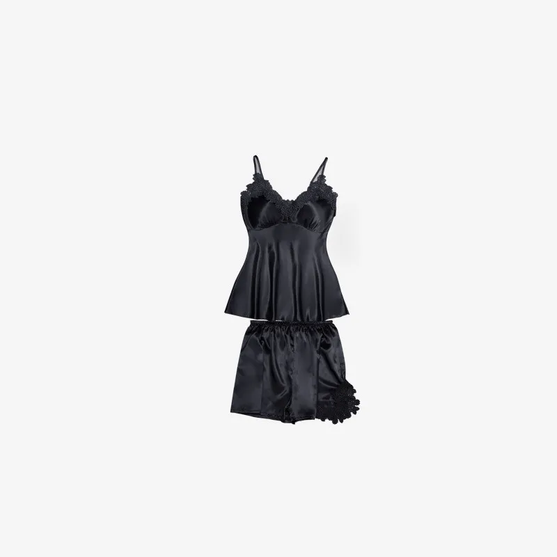 Сексуальная Женская пижама, 5 предметов, атласная пижама, шелковая пижама, домашняя одежда, вышивка, пижама для сна, пижама с нагрудники, ночное белье - Цвет: 2 Pieces Black
