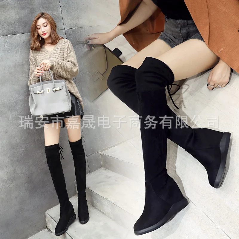 

Over-the-knee Boots High Heel Slimming Stretch Boots Slanted Heel Boots Women's 2019 Autumn And Winter Elevator Boots Women's Kn