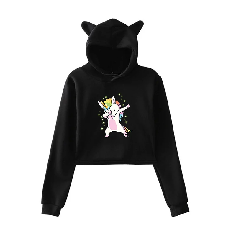 Модные толстовки с капюшоном для девочек Kawaii с принтом единорога женские свитшоты Харадзюку укороченная толстовка с длинными рукавами Повседневная Женская толстовка - Цвет: Kawaii Hoodie 14