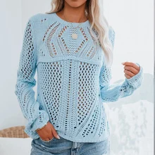 

New Casual Hollowed Out Women Sweaters Pullover Knitwear Solid Loose Jumper Autumn Winter Blue Tops Long Sleeve Knitted Sweater