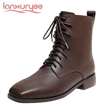 

Lanxuryee leisure work boots genuine leather cross-tied classics square toe thick med heel zip basic office lady ankle boots L05