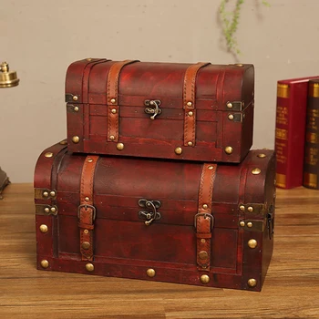 

European Retro Wooden Box Red Leather Vintage Treasure Chest Jewelry Storage Box Photography Props Home Decoration L
