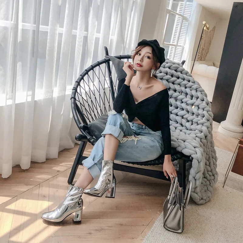 XGRAVITY New Spring Winter Fashion Round Toe Silver High Heel Chunky Shoes High Heel Woman Boots Warm Ladies Shoes S084