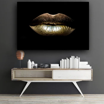 

Black and Gold Sexy Lips Oil Painting on Canvas Beauty Makeup Posters and Print Wall Art Picture for Living Room Home Decoration