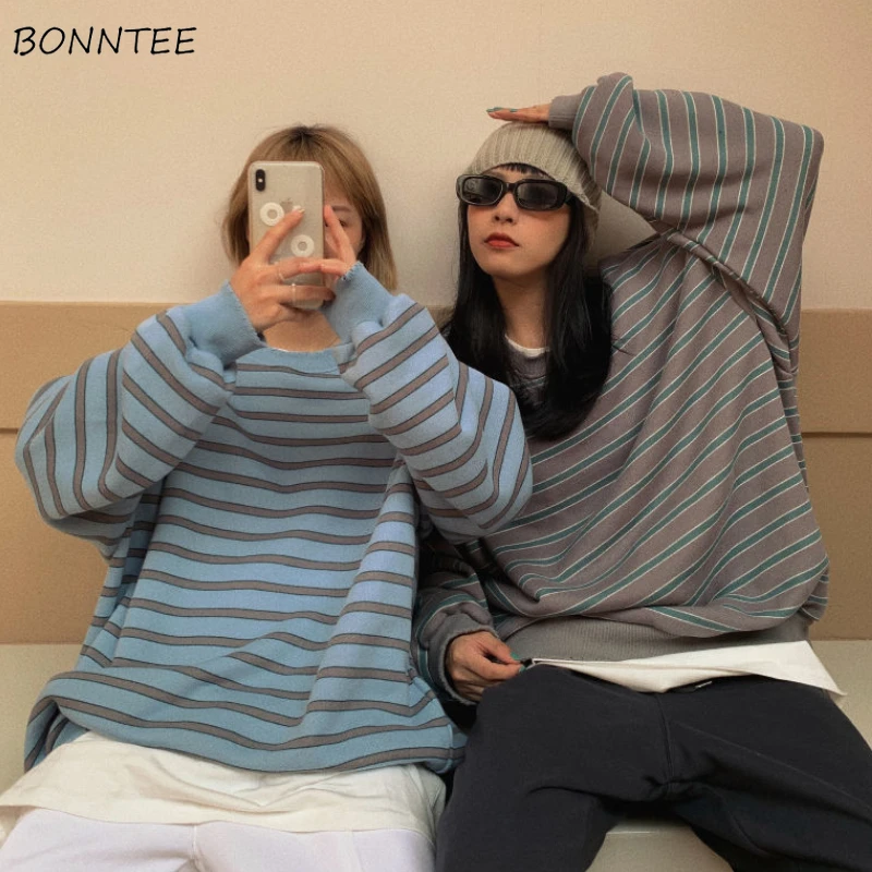 Striped Hoodies Women Friends Couples Casual Loose Autumn Long Sleeve O-Neck All-match Chic New Classic Teens Korean Style Soft | Женская