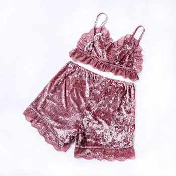 

New Women Velvet Sleepwear Lingerie Set Spaghetti Strap Velvet Lace Bra Shorts Pajamas 2Pcs Set Ladies Sleepwear