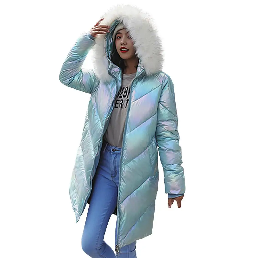 Зимняя куртка женская Повседневная блестящая яркая ветрозащитная куртка Manteau Femme Winterjas Dames Parka Abrigos Invierno Kurtka damsk - Цвет: Синий
