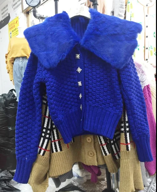 Женский кардиган, пальто, новинка, зимняя, милая, алмазная пуговица, большой воротник для волос, кукольный воротник, вязаный, Kardigan, свитер, женский, короткая куртка, пальто