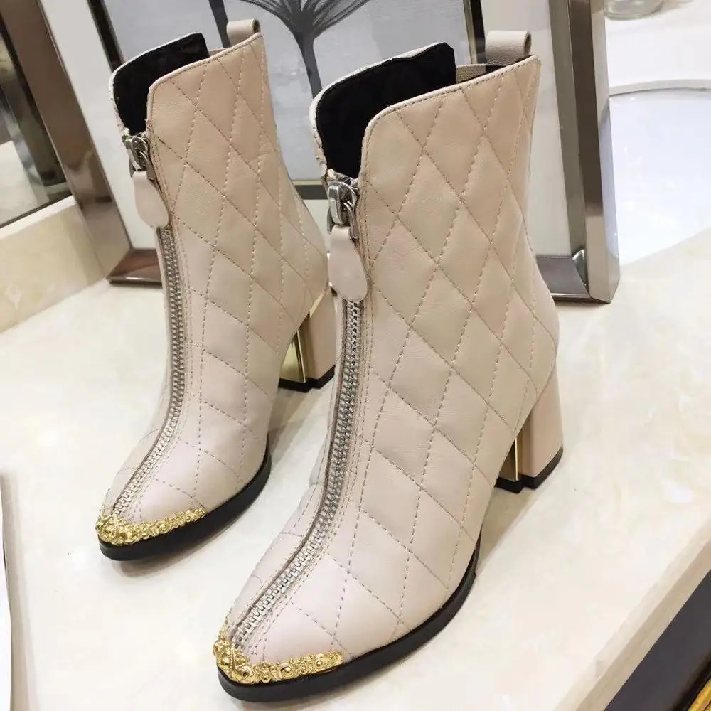 

Elegant Leather Women Boots 2019 New Autumn Fashion Women High Heel Boots White Zip Round Toe Boots Female Footware Shoes Woman