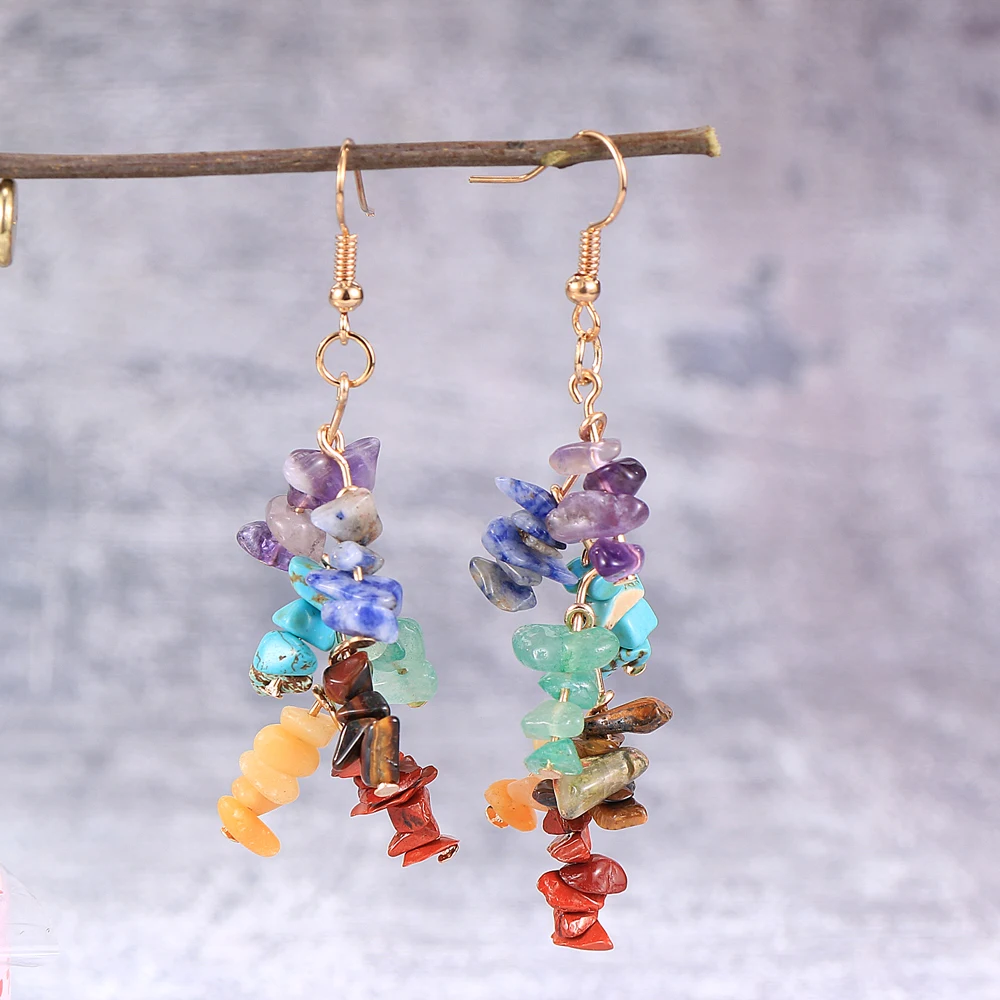 Women Natural Stone 7 Chakras Dangled Earring Asymmetr Chip Gravel Pierced Earrings Hoop Gold Silver Color Hanging Jewelry