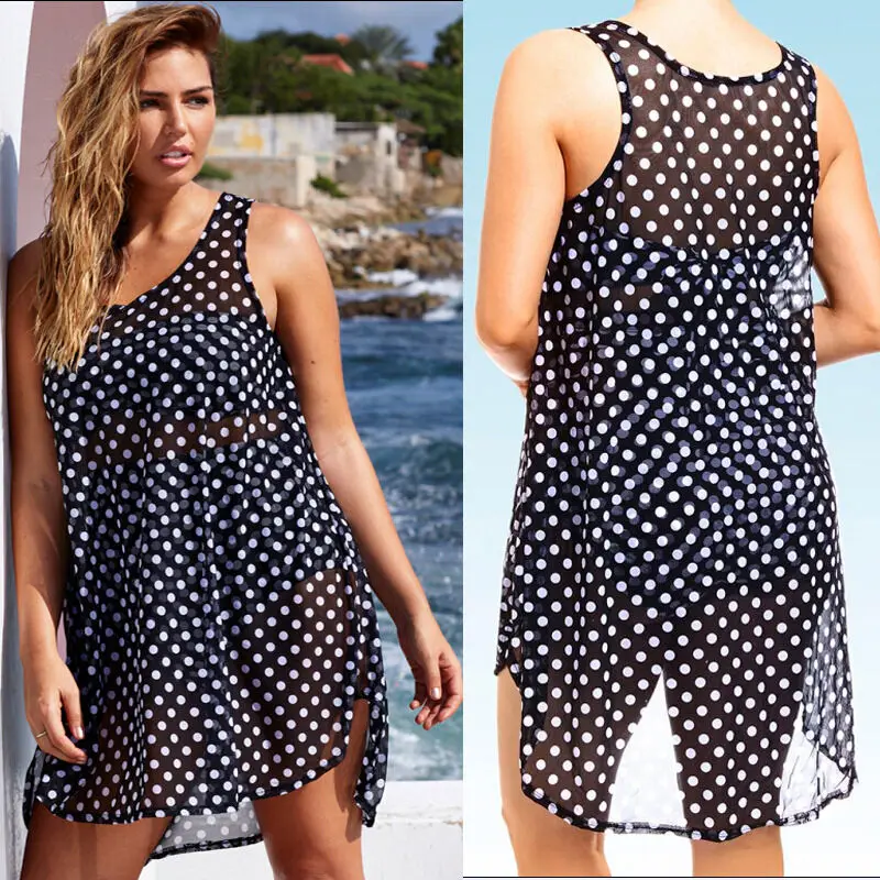 Sexy Women Swimwear Cover-Ups Polka Dot Chiffon Bathing Suit Large Summer Women Beach Dress Swimsuit Plus Size swim suit cover