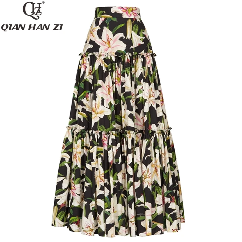 

Qian Han Zi 2019 newest designer runway Maxi skirt Women's Vintage Flower Print Bohemian Beach Long Skirt