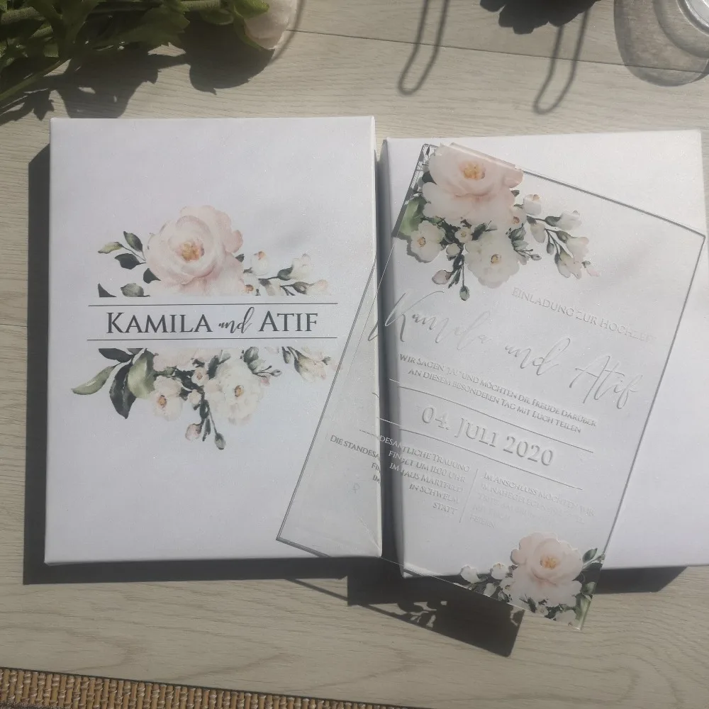 Transparent Acrylic Card with Printed Box, Custom Acrylic Wedding Invitation Card, Stain Fabric, High Quality, UV Printing, 5Pcs