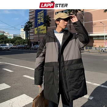 

LAPPSTER Men Patchwork Streetwear Winter Jacket Long Coat 2020 Mens Korean Hooded Coats Parka Male Hip Hop Korean Windbreaker