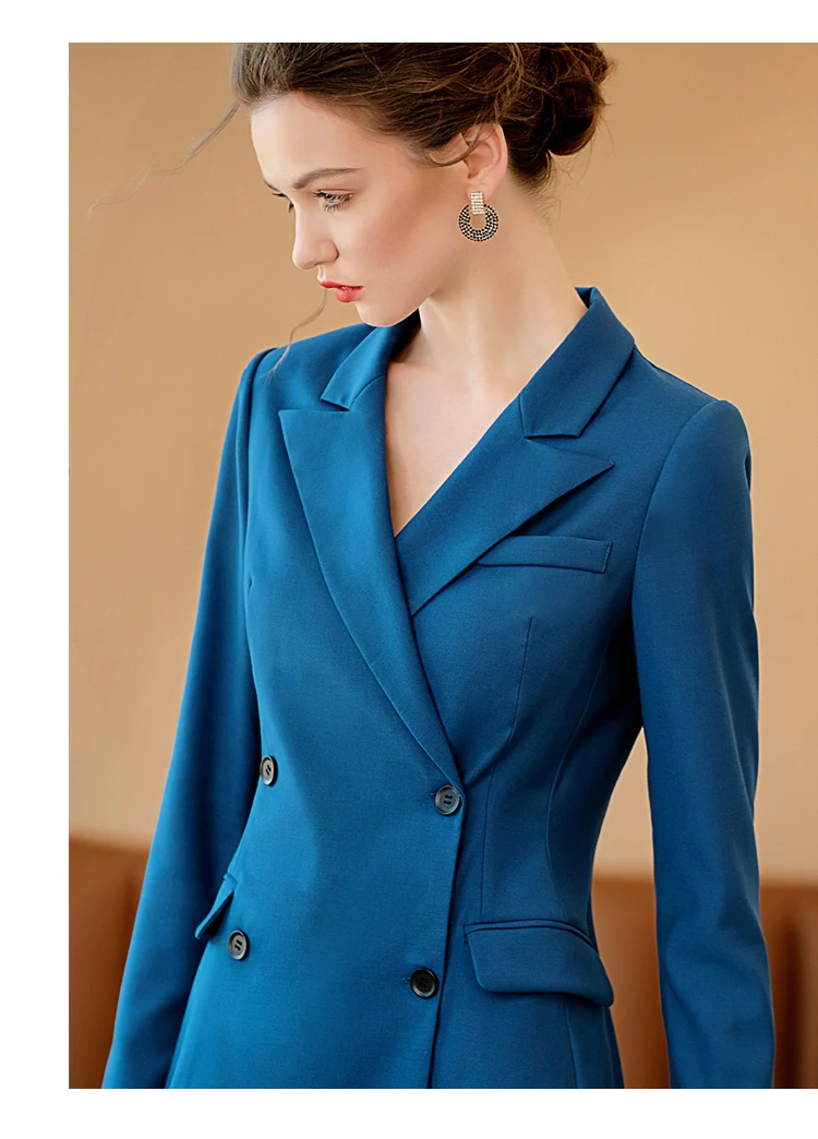 Peacock Blue Dress Suit Women OL Style Business Formal Work Wear Office Ladies Clothing Double Breasted Slim Long Sleeve Dresses
