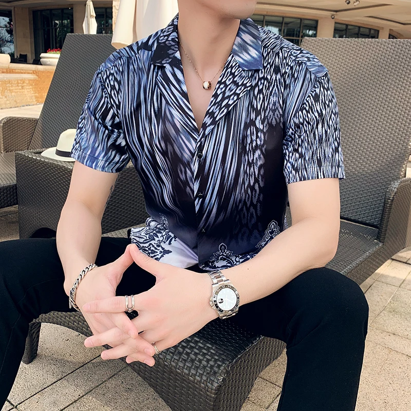 Ретро печати рубашки мужские летние с коротким рукавом Slim Fit гавайская рубашка мужские модные Клубные выпускные рубашки Camisa Masculina Social рубашка