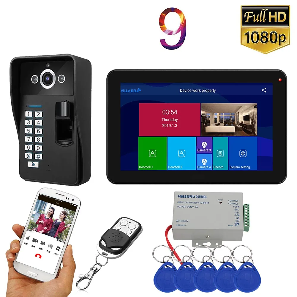 Best 9inch Record Wifi Wireless Video Door Phone Doorbell Intercom Entry System with Fingerprint RFID 1080P Wired Camera Support APP