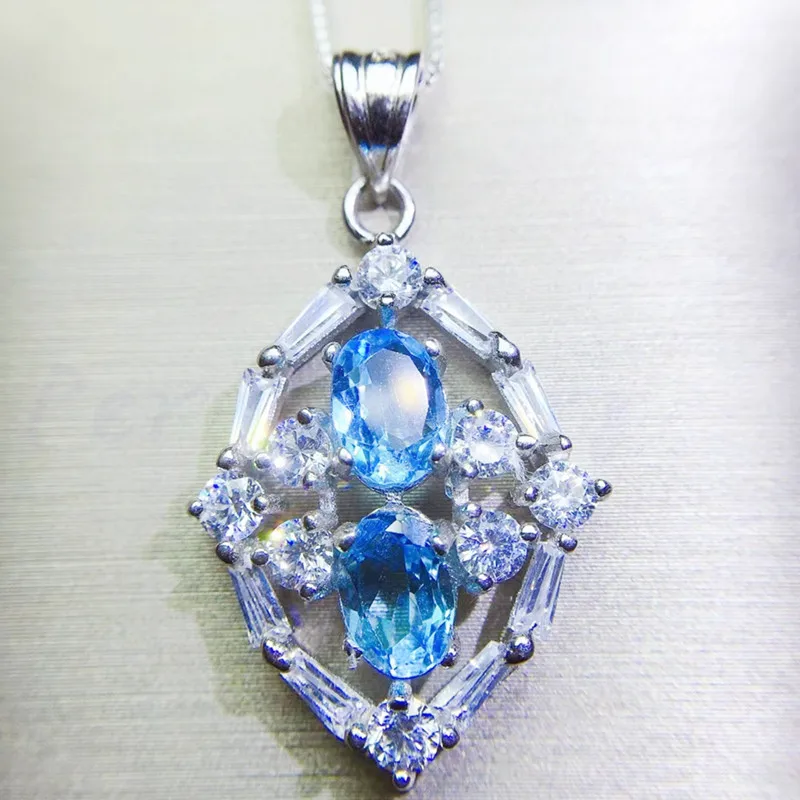 Натуральное Настоящее ожерелье из голубого топаза подвеска 1.1ct* 2 шт драгоценный камень Серебро 925 пробы хорошее ювелирное изделие Q910242