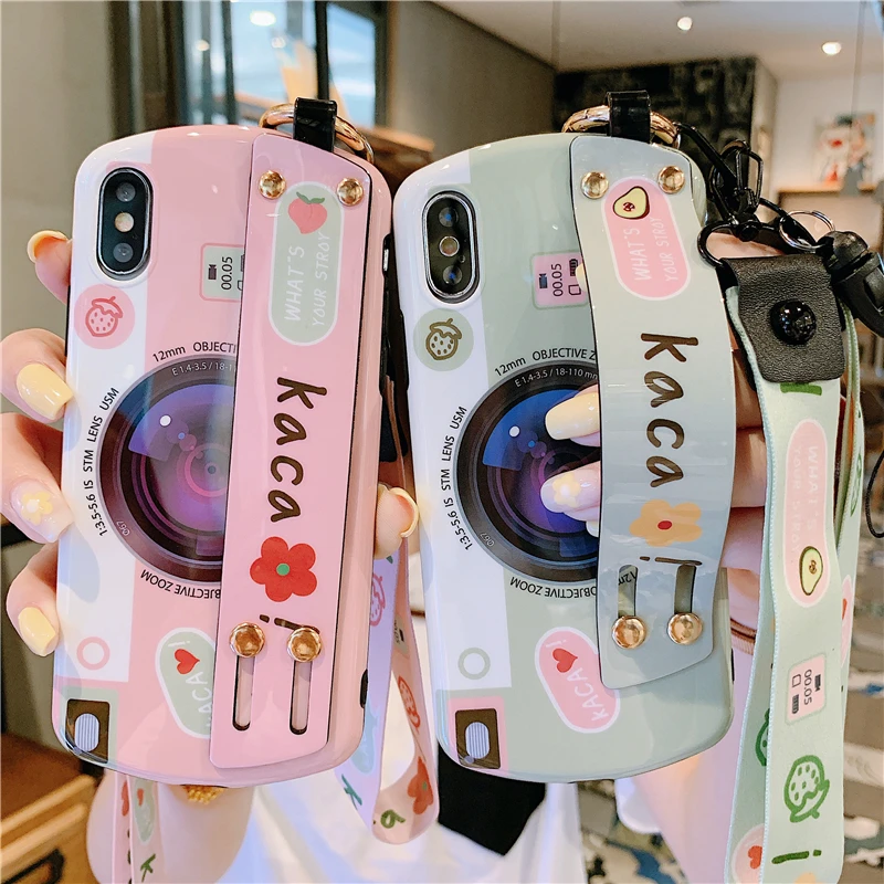 

WTSZKL fashion camera pattern wristband lanyard cover for iphone 8 7 6 6S Plus phone case for iphone XS Max X XR