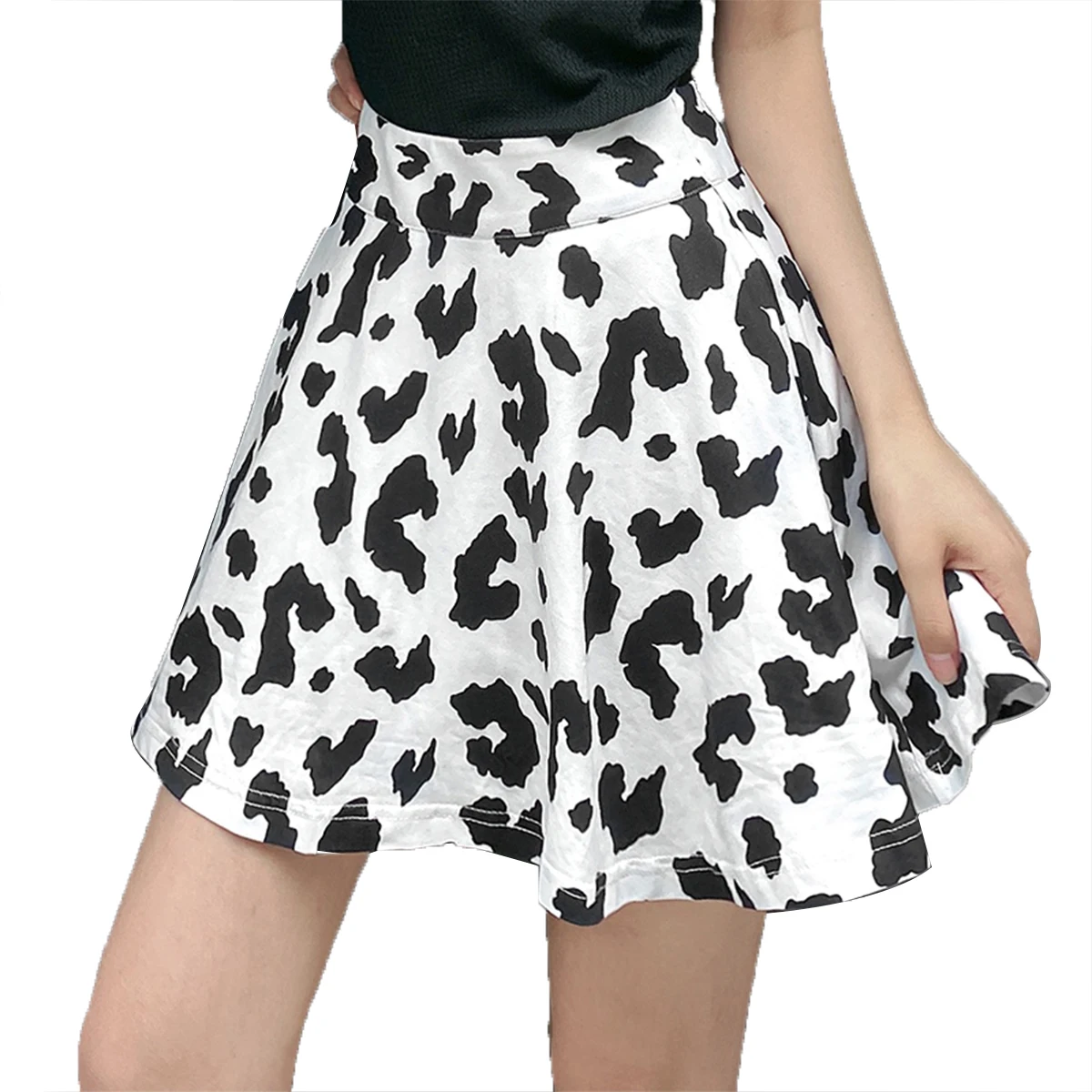 

New Fashion Women Girls Sexy Black and White Cow Print High Waist Pleated Skirt Summer Slim Casual Skirt 2020 New Arrival