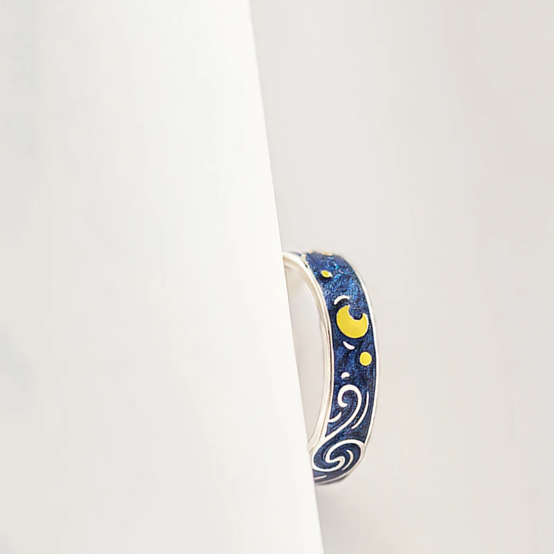 Qevila Real 100% 925 Sterling Silver Ring Van Gogh Open Rings Starry Sky Moon Adjustable Ring For Women Lover Men Romantic Gifts (18)