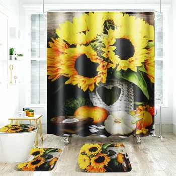 

180x180cm Sunflower Waterproof Shower Curtain with 12 Hooks /Bath Mat/Toilet Pad Set Pattern Anti-slip Toilets Pattern Carpet