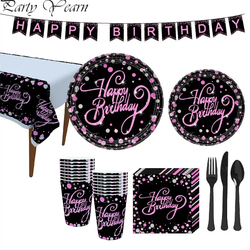 

Black Pink Gold Series Paper Cup Plate Napkin Banner Flag Tablecloth Disposable Tableware Set Birthday Anniversary Party Decor