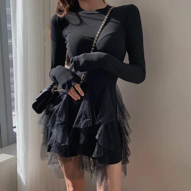 

Spring Autumn Dress Women Mesh Stitching Women Dress Casual Korean Slim Fit Sexy Mini Dresses Fashion Vintage Long Sleeve Dress