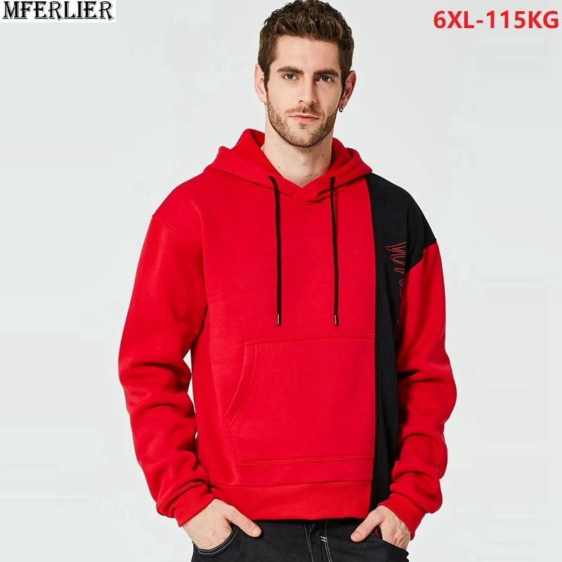 

plus size 6XL men Hip hop fleece Sweatshirts patchwork hooded winter autumn tide fashion High streetwear sports Hoodies red 54