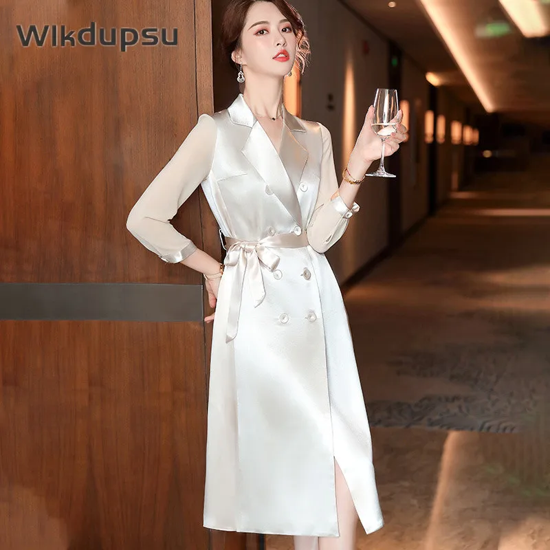 

Spring Autumn Three Quarter Sleeve Blazer Dress Women Fashion Elegant Double Breasted Blue Trench Coat Trenchcoat Dress Belted
