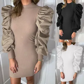 

Fashion Women Sexy Party Bodycon Wrap Dress Party Evening Club Puff Sleeve Knitted Dress Crew Neck Slim Pencil Dresses Vestidos
