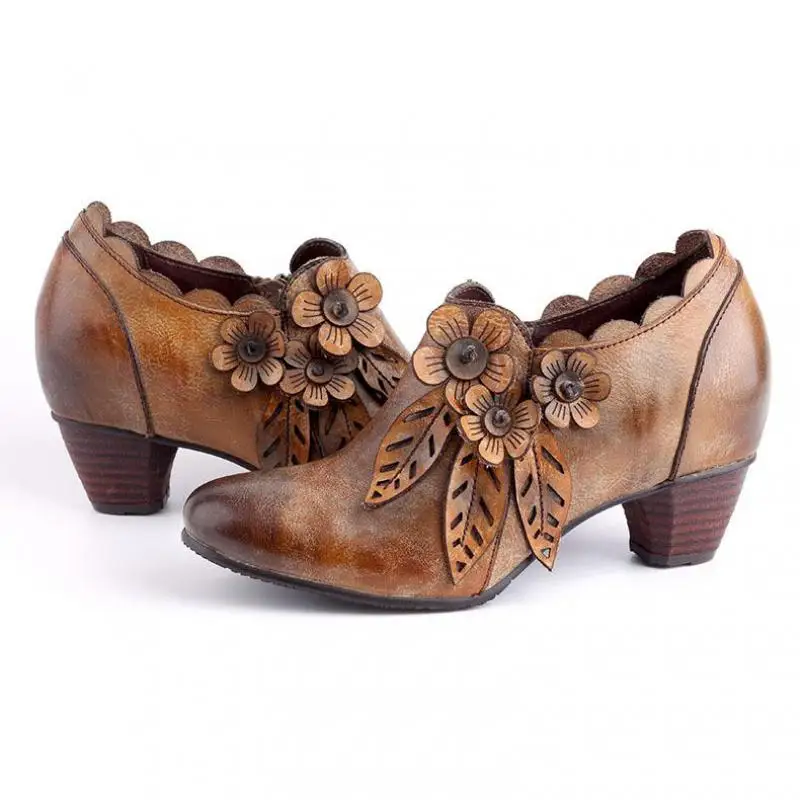 Women Pumps Shoes Genuine Leather Pumps Women Shoes Autumn Zip Retro Casual Round Toe Flower Handmade