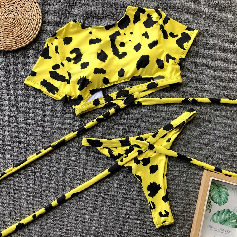 Леопардовый желтый бикини, укороченный топ, короткий рукав, сексуальный женский купальник, женский купальный костюм,, открытая, пуш-ап, купальник, пляжная одежда