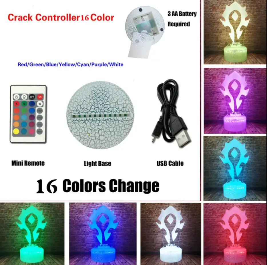 Crack Controller16 C 3D иллюзия WOW World of Warcraft, племенные знаки, 7 цветов, настольный ночник, светильник для детей, семьи, праздник, рождественский подарок - Испускаемый цвет: Crack Controller16 C