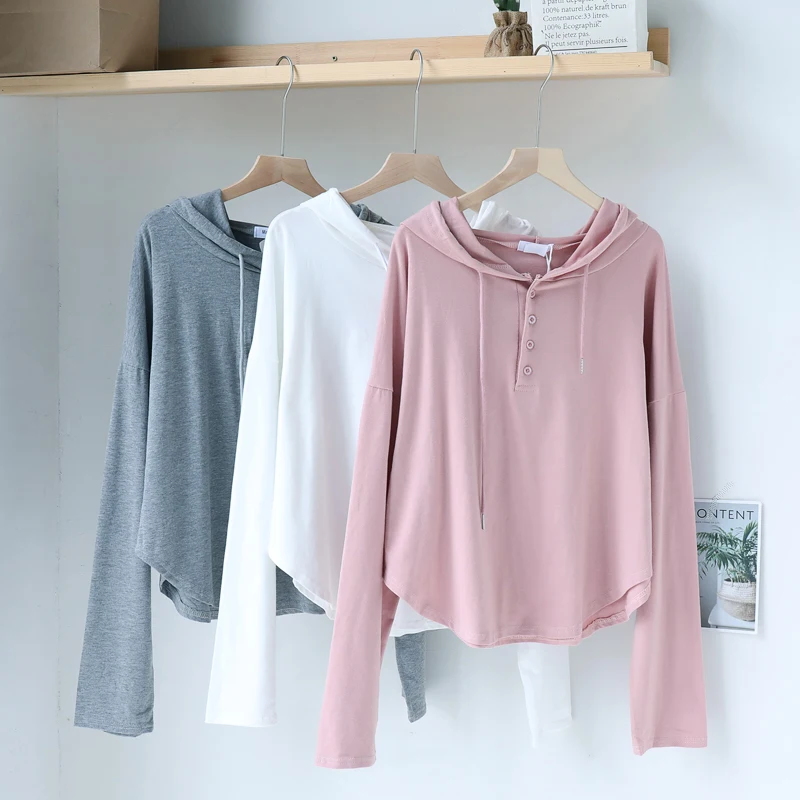Mooirue Women Casual Hooded T Shirt 2020 Spring Solid Button Streetwear Korean Style Harajuku Basic Long Sleeve Tee Tops | Женская