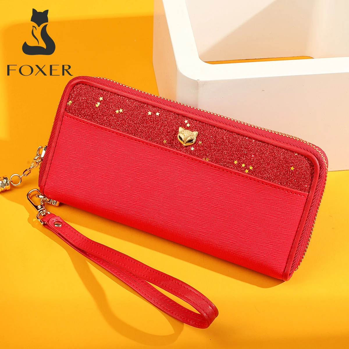FOXER Women's Wallets Glitter Cowhide Leather Clutch Zipper Wallets with Wristle Female Phone Holder Purse Lady Clutch Phone Bag FOXER Women's Wallets Glitter Cowhide Leather Clutch Zipper Wallets with Wristle Female Phone Holder Purse Lady Clutch Phone Bag