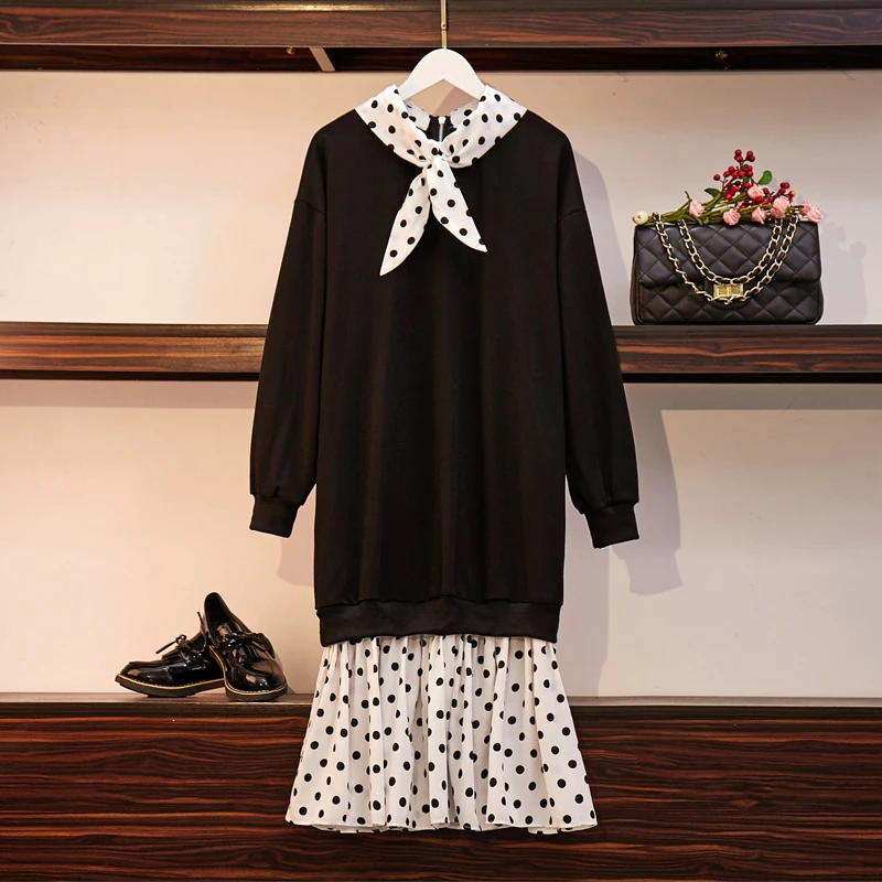 

L-5XL Plus size Casual Autumn Sweater Dress Polka Dot 2019 Cotton Women Ruffle Dress Warm Large Size Female Loose Sweater Dress