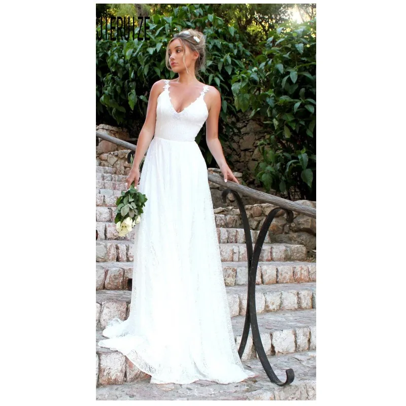 

JIERUIZE Latest Tulle Beach Wedding Dresses Spaghetti A line Bridal Gown For Wedding Country Style Backless Bridal Gowns
