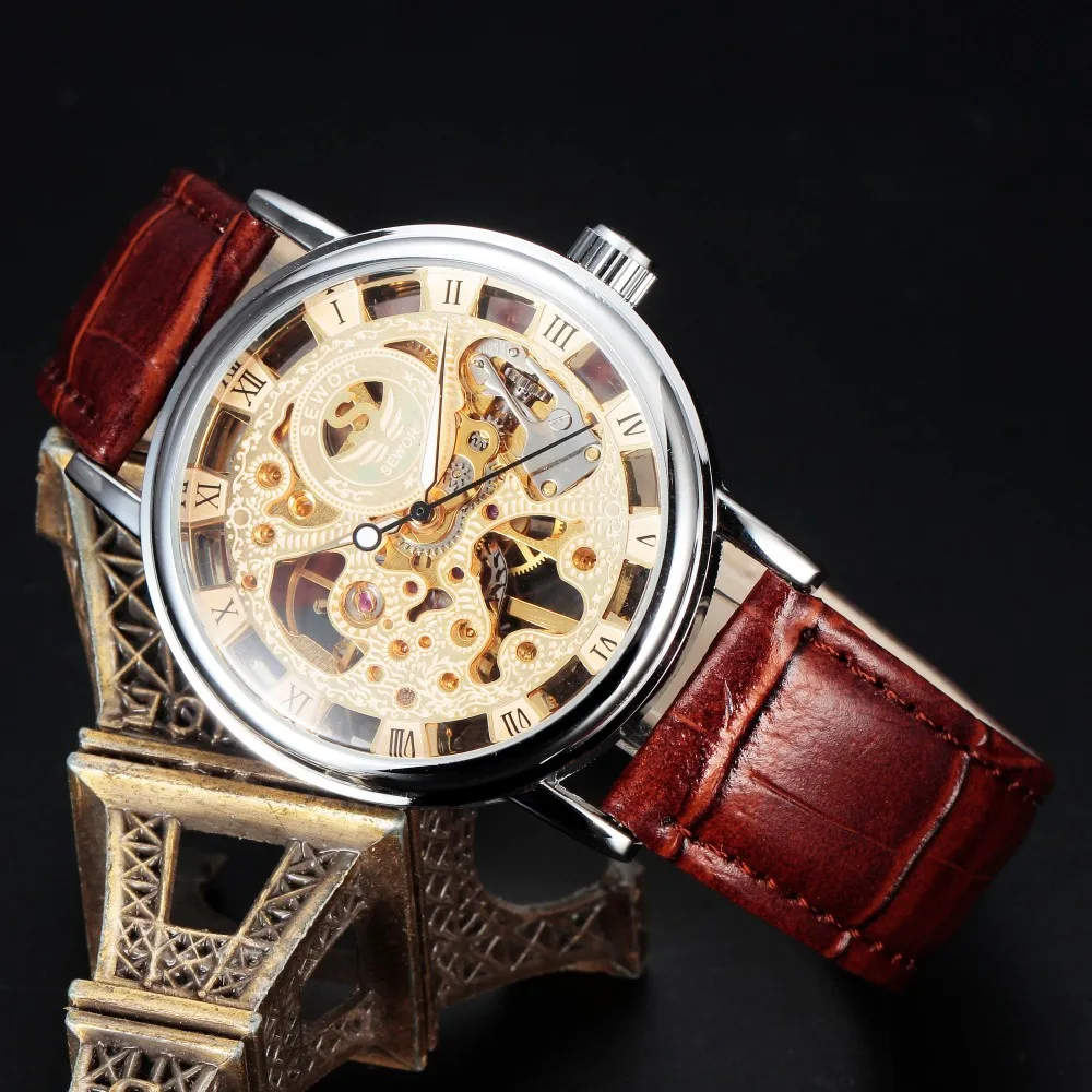 New Luxury Brand Gold Transparent Skeleton Watch Men Mechanical Hand Wind Wristwatch Male Fashion Leather Band Wristwatch